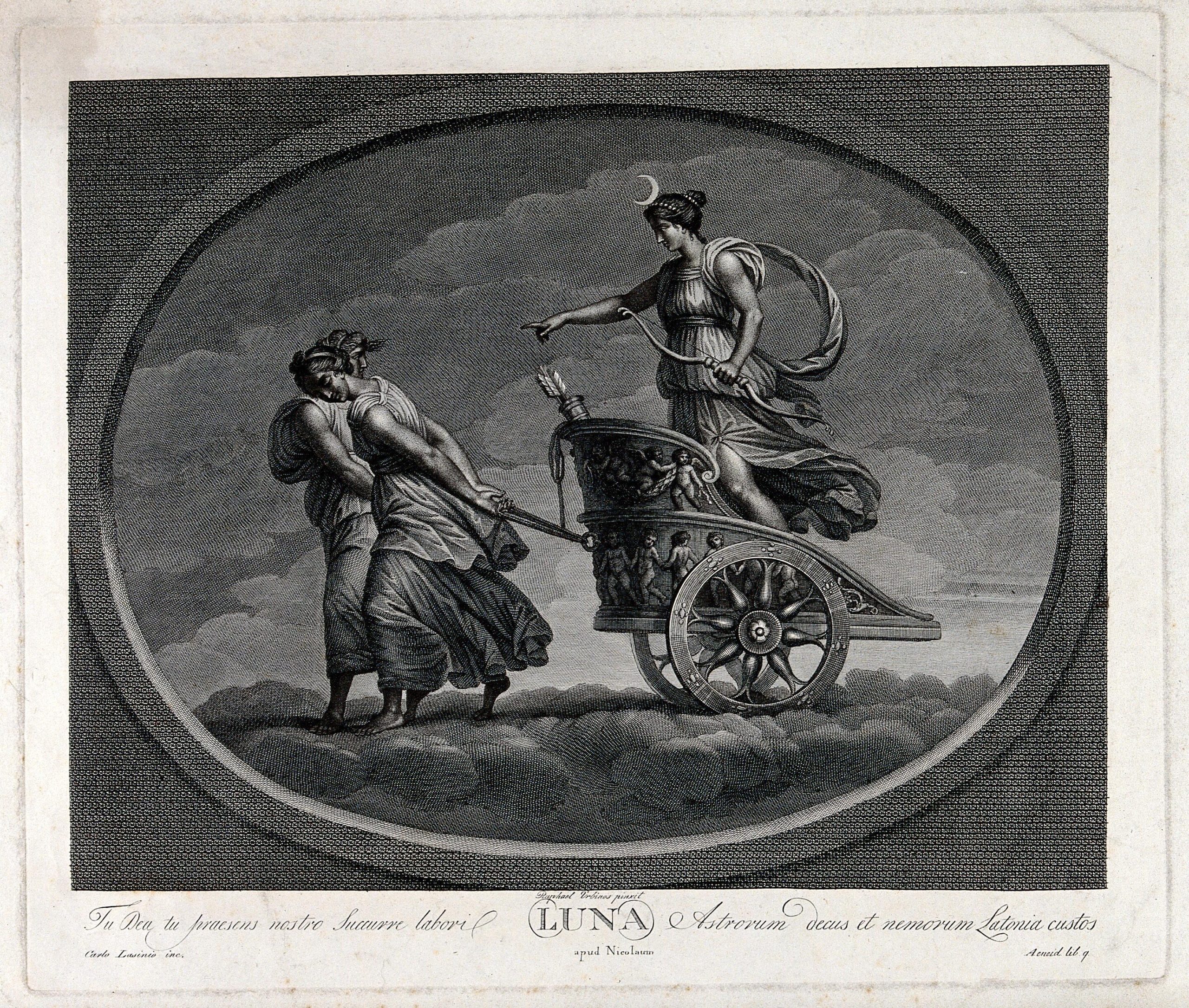A steel engraving of a chariot and two women pulling the chariot.