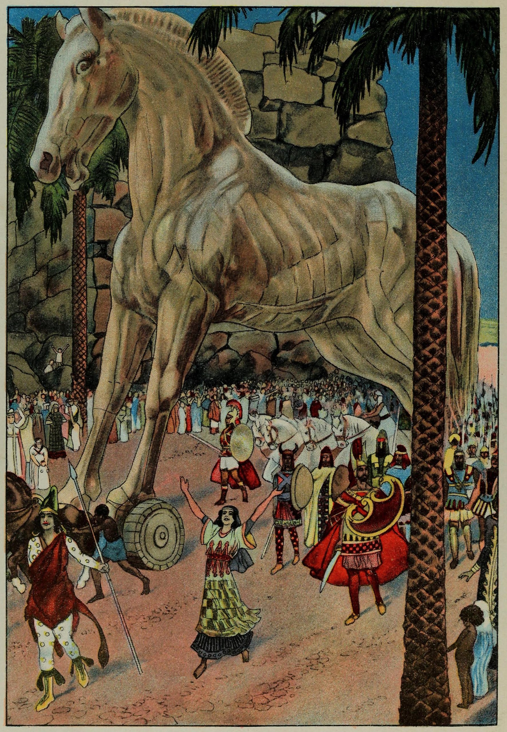 A painting of a large horse towering over a group of civilians.