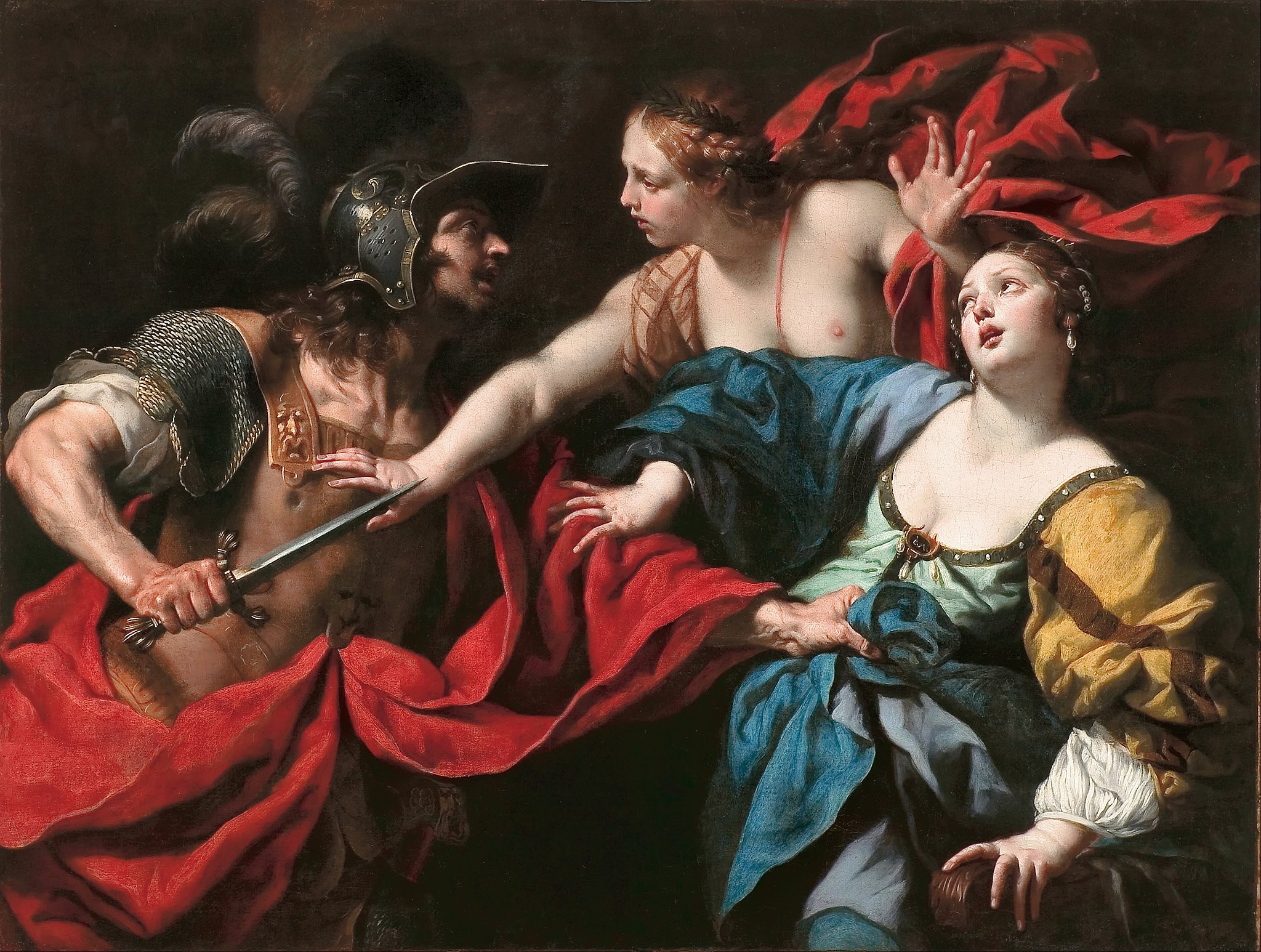 A painting of a dramatic scene. There are two women (pictured on the right). One of them has their arm outreached in defence of the other woman. There is a man (pictured on the left) thrusting a sword toward the women.