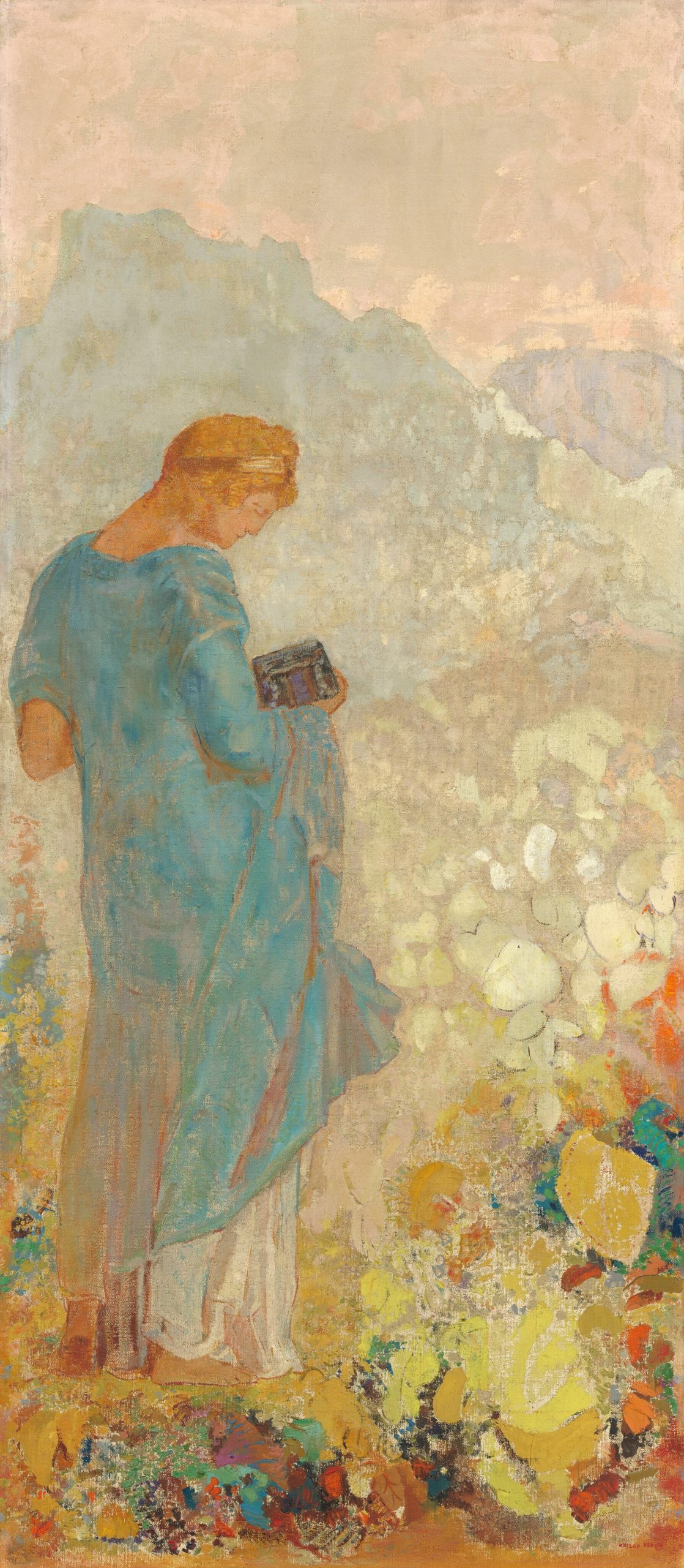 A pale-skinned young woman with copper-orange hair, wearing a turquoise-blue robe, stands in a pastel-infused landscape in this stylized, vertical painting. The woman fills most of the left half of the composition.