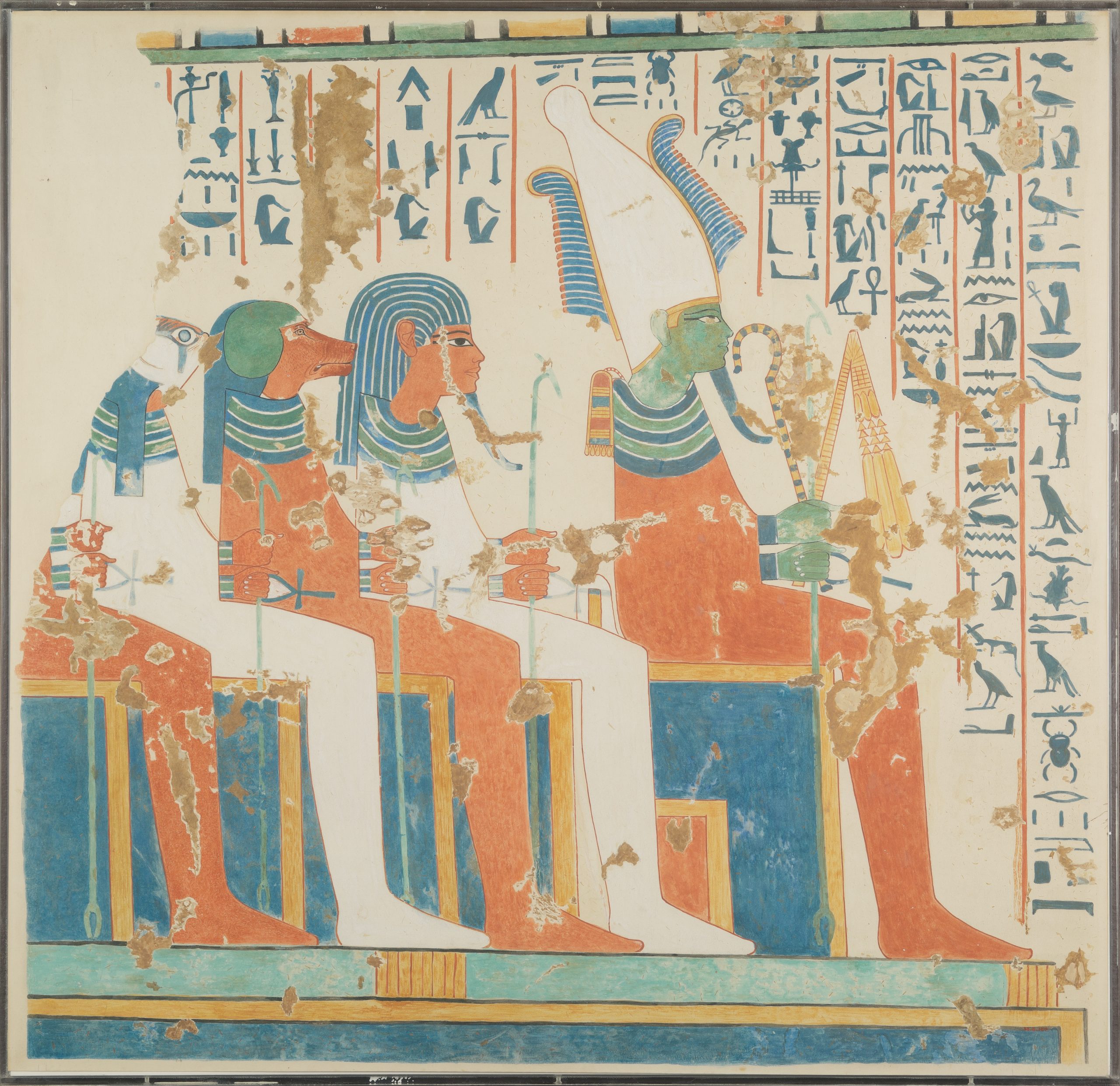 A coloured painting on papyrus depicting four Egyptian figures.
