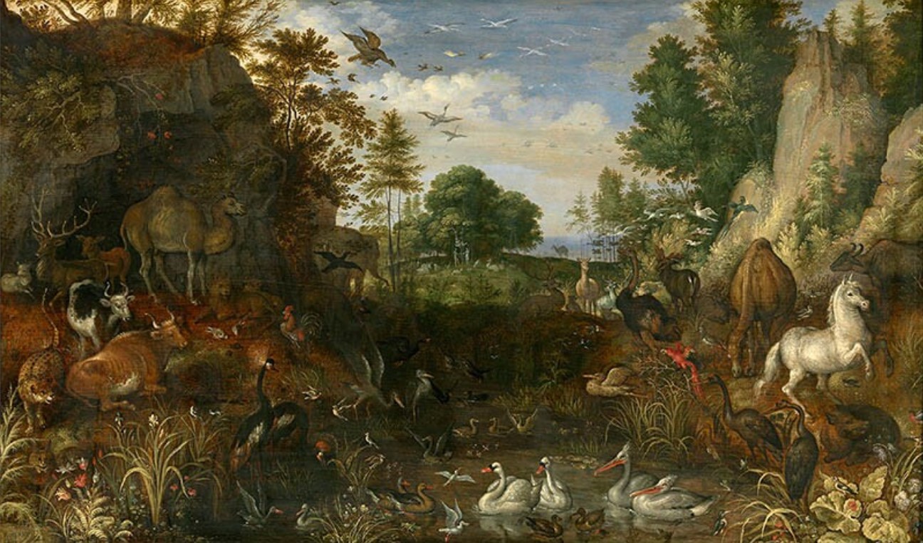 A painting depicting animals of all walks of life existing among one another in a lush green valley.
