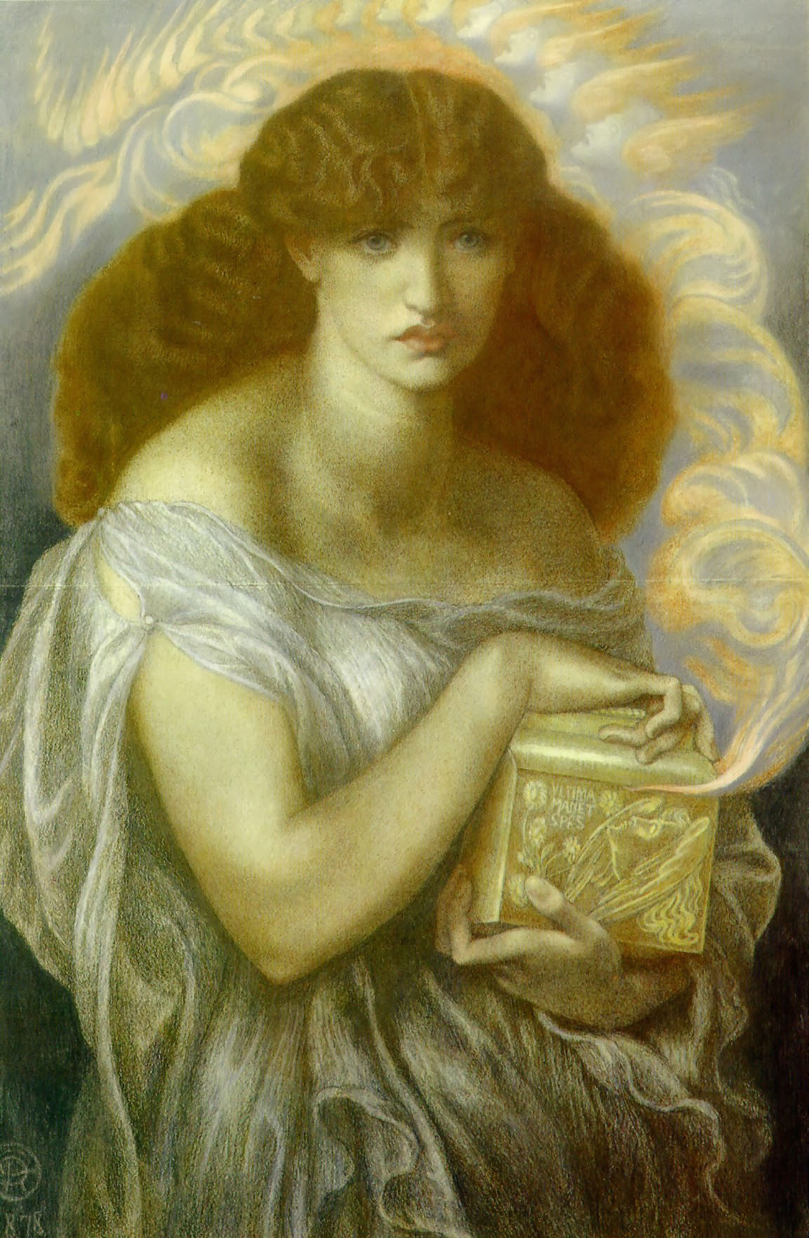 A painting of a woman holding a box. She glows like the sun with her golden locks of hair and white dress.