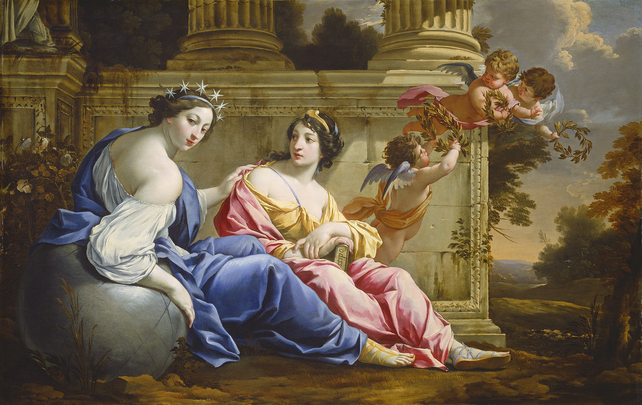 A painting women and cherubs. The women are disproportionately large compared to the cherubs. The women are seated (on the left) and the cherubs are flying (up in the right). The setting is in front a building with tall white pillars.