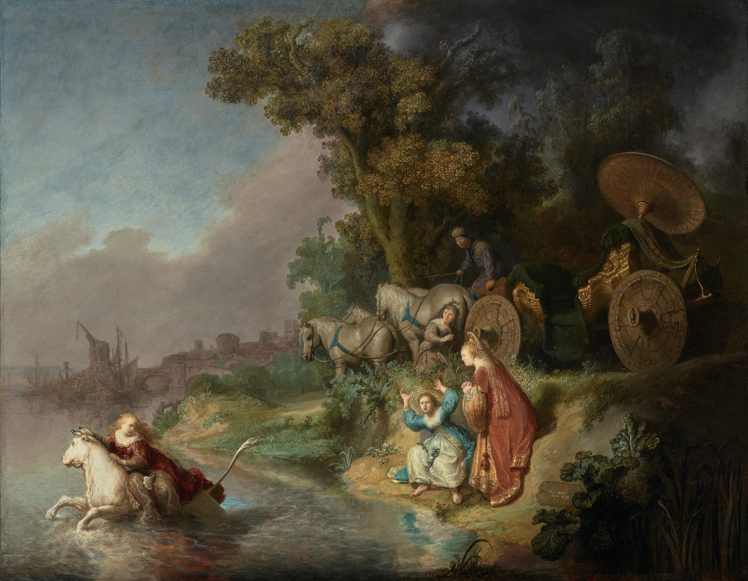 A painting depicting people on a bank of a river. A man on horseback is seen in the water while there are onlookers on the bank with a carriage in the background. The setting is lush with green grass, blue skies with billowy clouds, an calm water.
