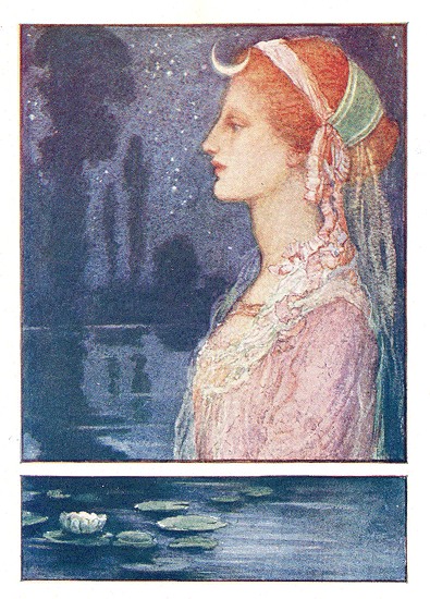 A painting of Diane (Luna) as a side profile staring left. The woman in the painting has red hair and a pale pink gown. Painting is depicted at night.