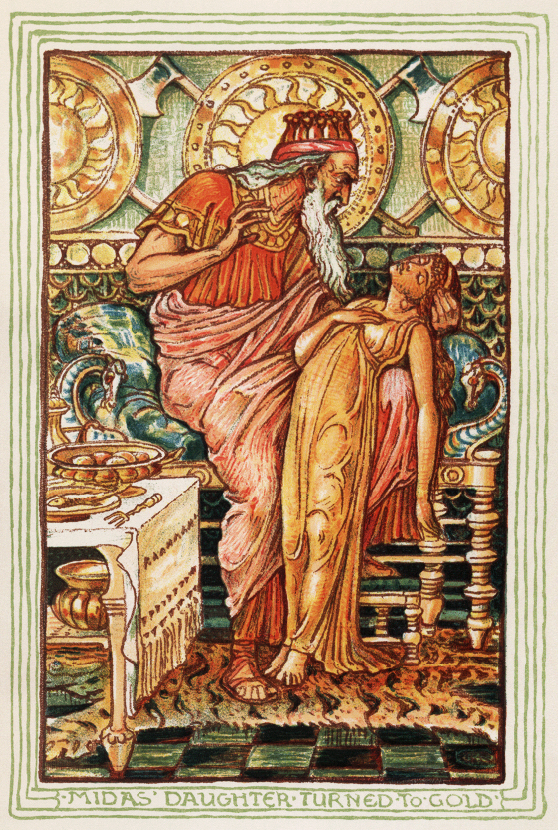 A bold bright illustration with warm tones and gold throughout. The painting depicts an aristocrat holding a small girl in his arms.