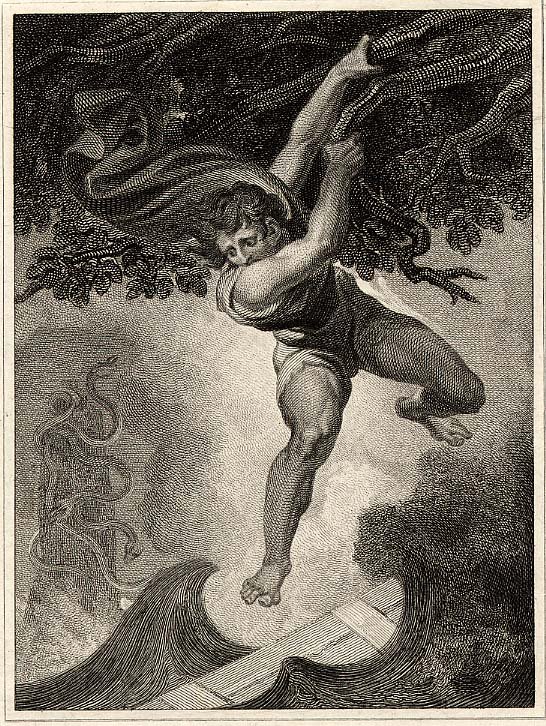 An etching of a man falling from the sky grasping onto tree branches. There is a serpent and water below.