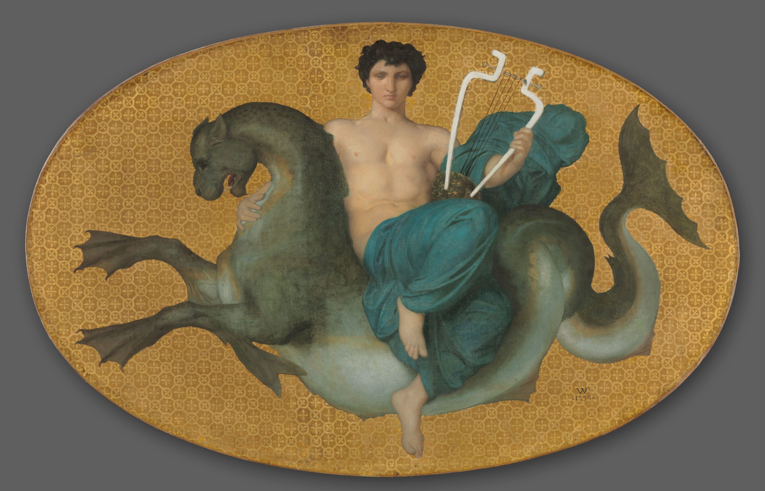 A bare chested man wrapped in cloth holds an instrument sits on a seahorse.
