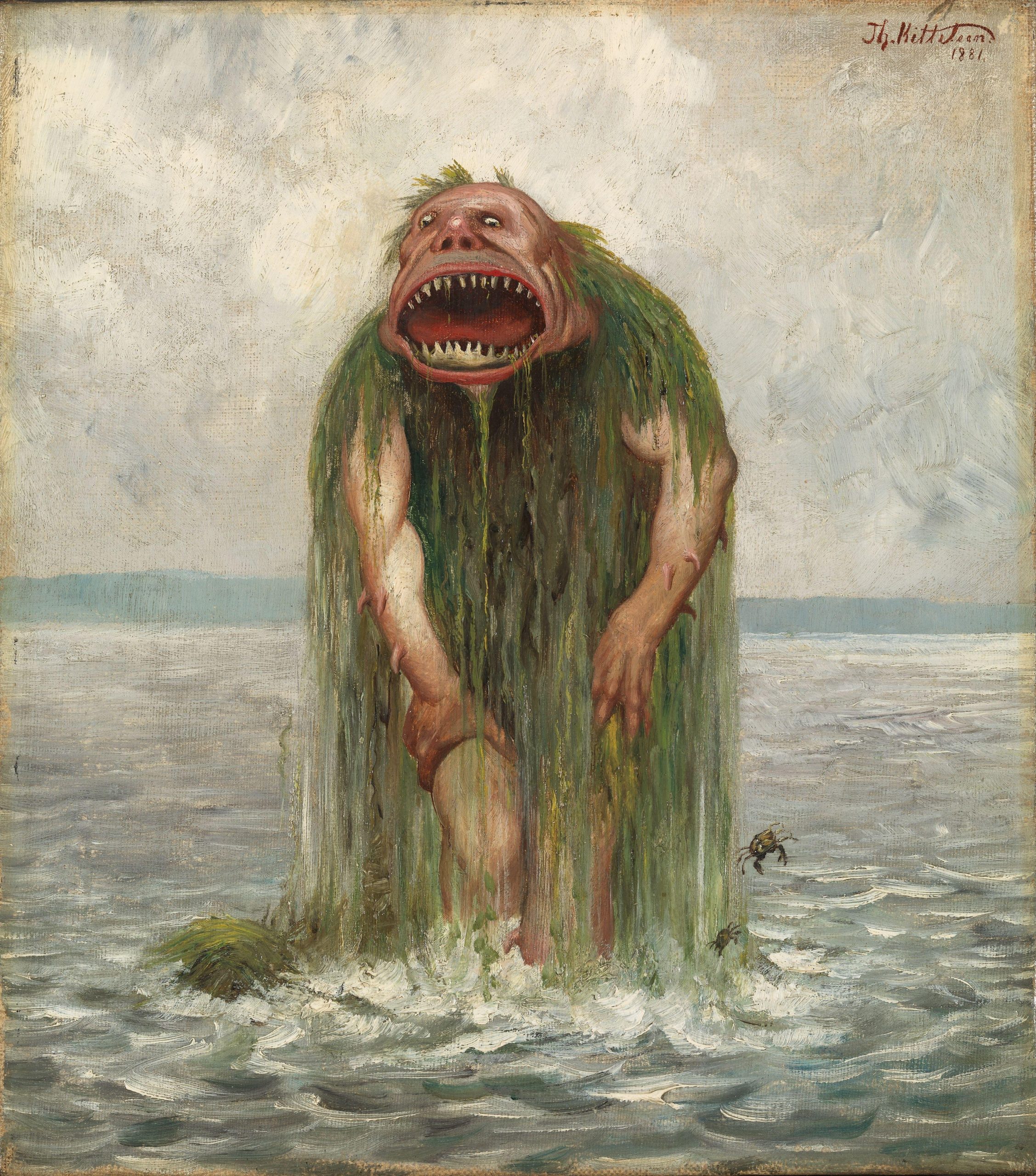A swampy sea monster walks towards the shore from a large body of water.