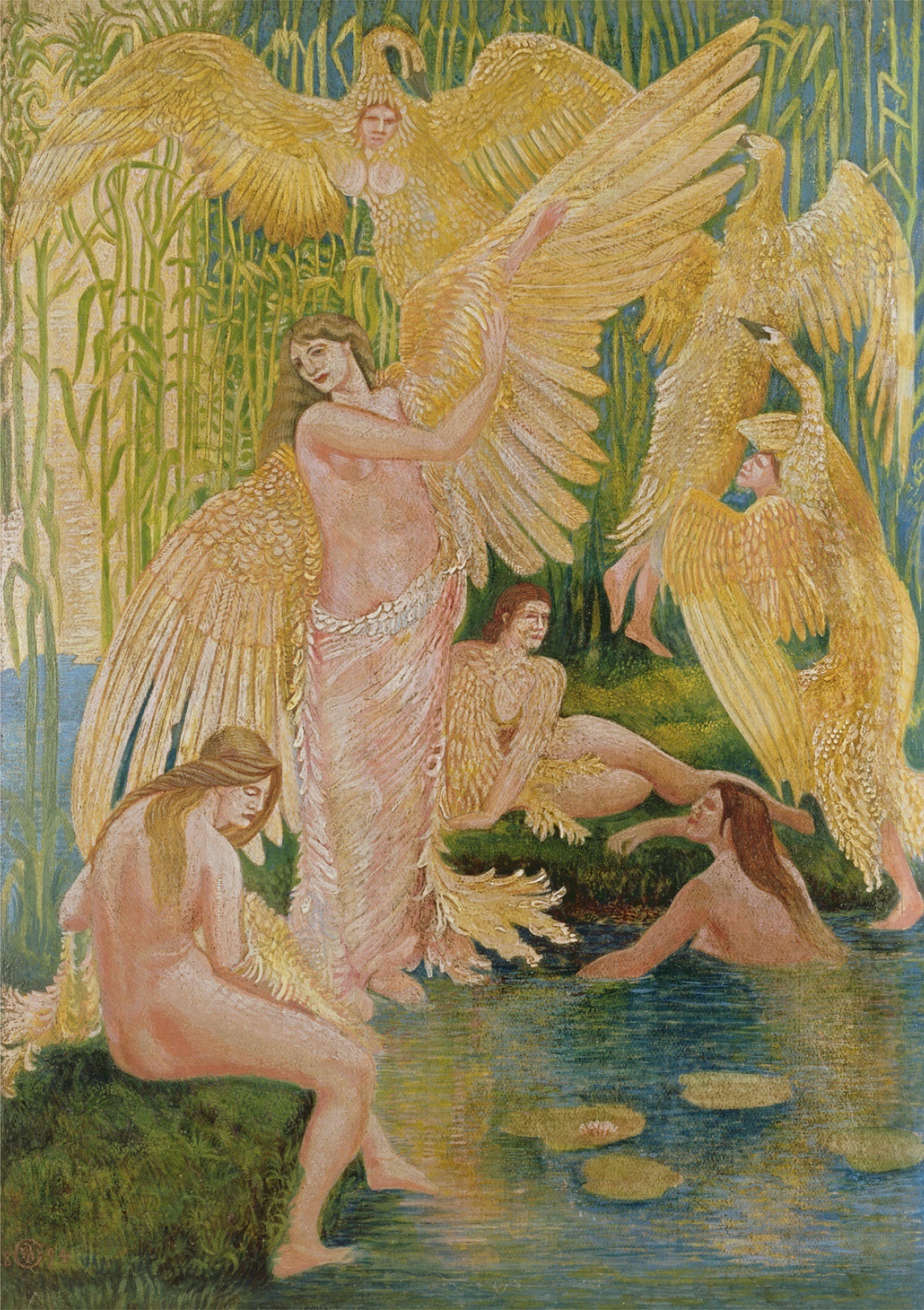 Several maidens rest and play in a swampy pond surrounded by swans and plants.