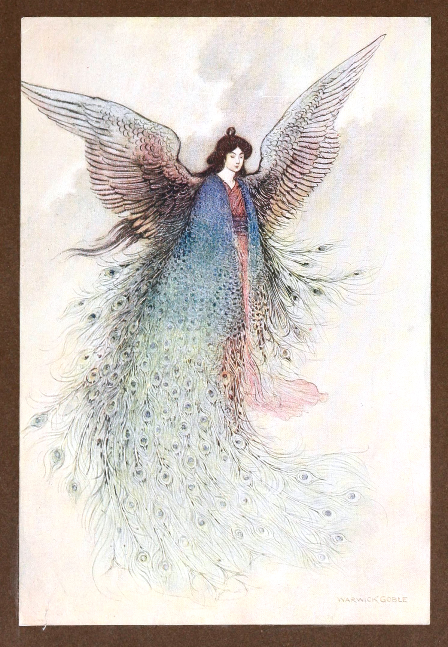 A woman stands against a white background wearing wings and a large cloak of peacock feathers