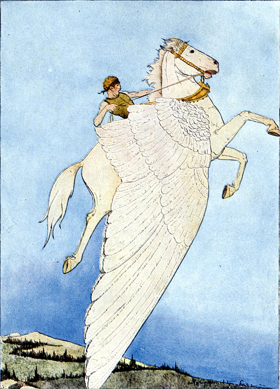 A man rides a winged horse up into the sky.