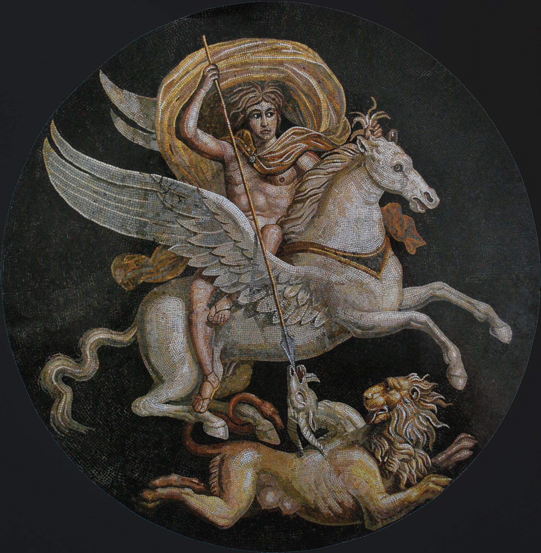 A mosaic depicting a man riding pegasus while carrying an arrow which points towards a lion and mountain goat.