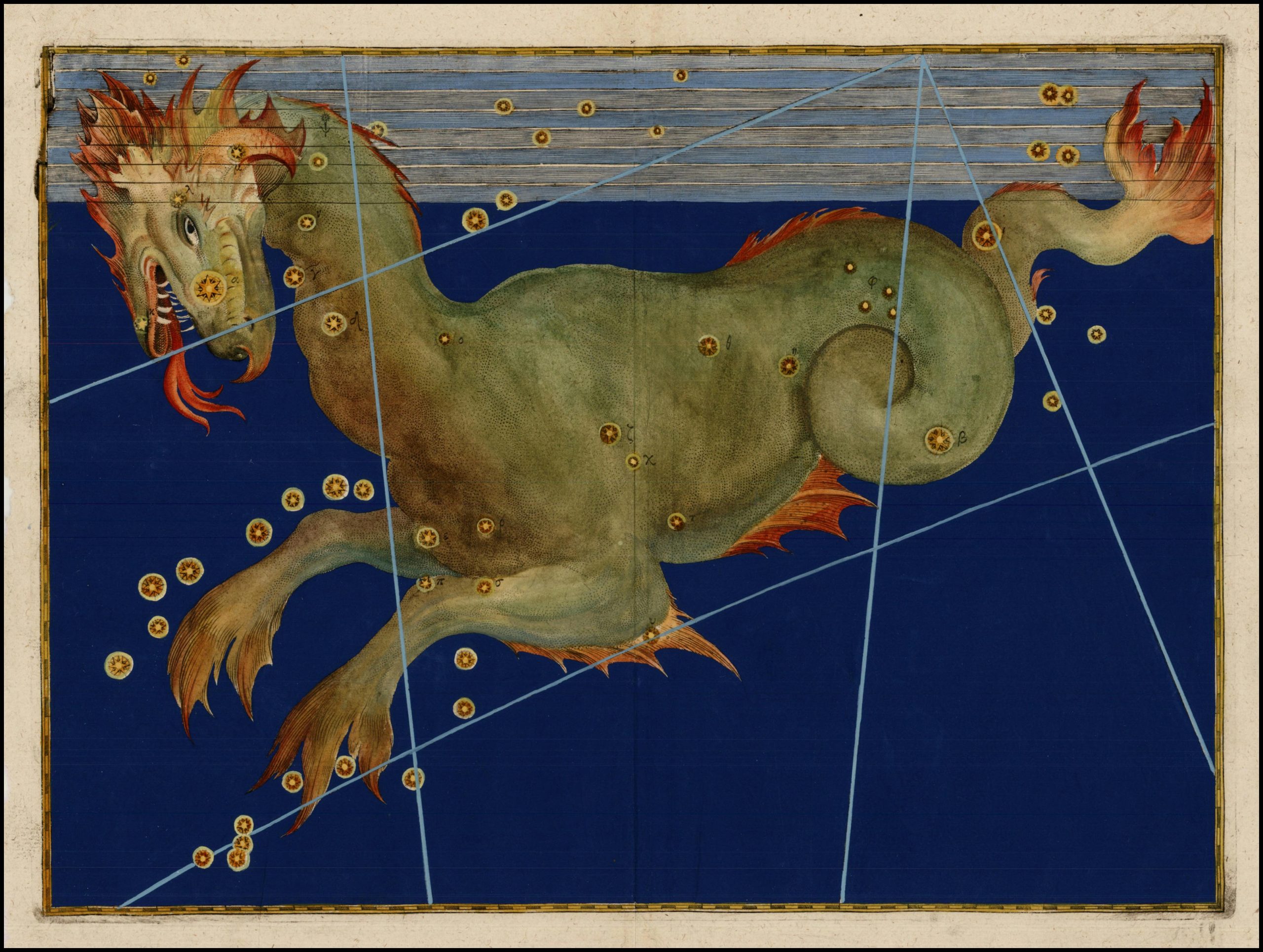 A large sea monster covers the page of a blue background with a few diagonal lines crossing through the image.