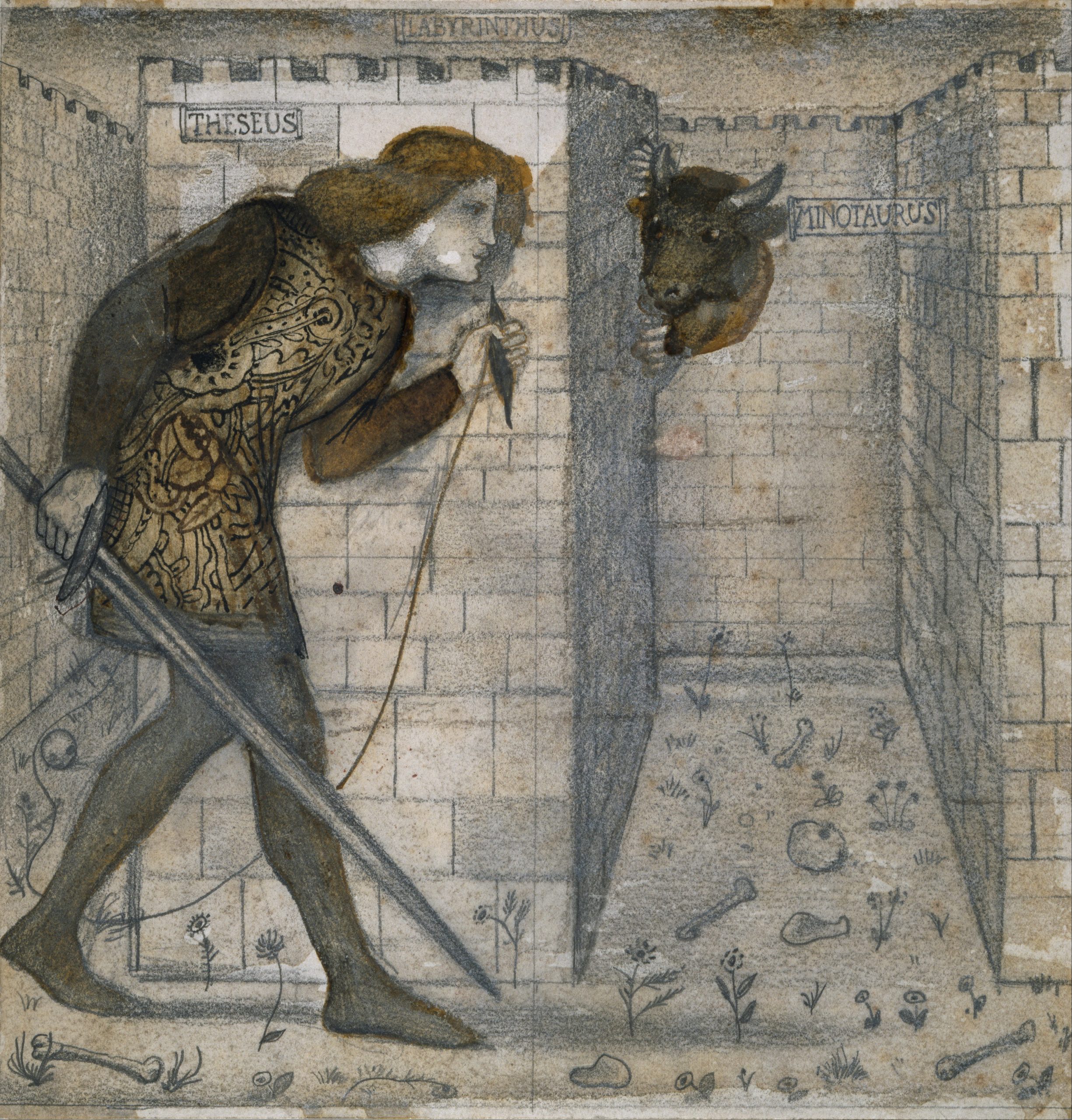 A man carrying a sword hides behind a wall while a minotaur hides behind another wall.