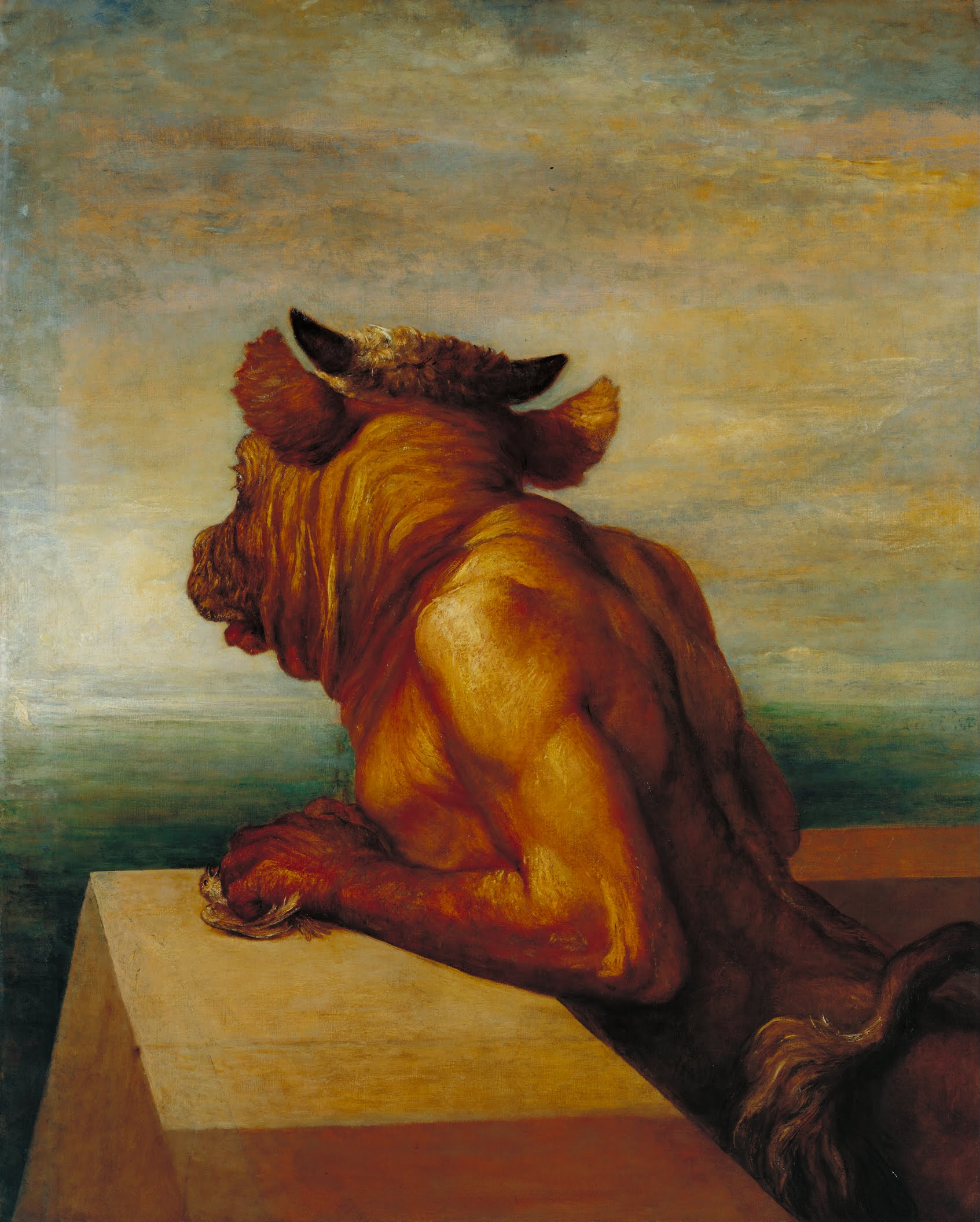 A minotaur leans over the edge of a building and looks out over the sea.