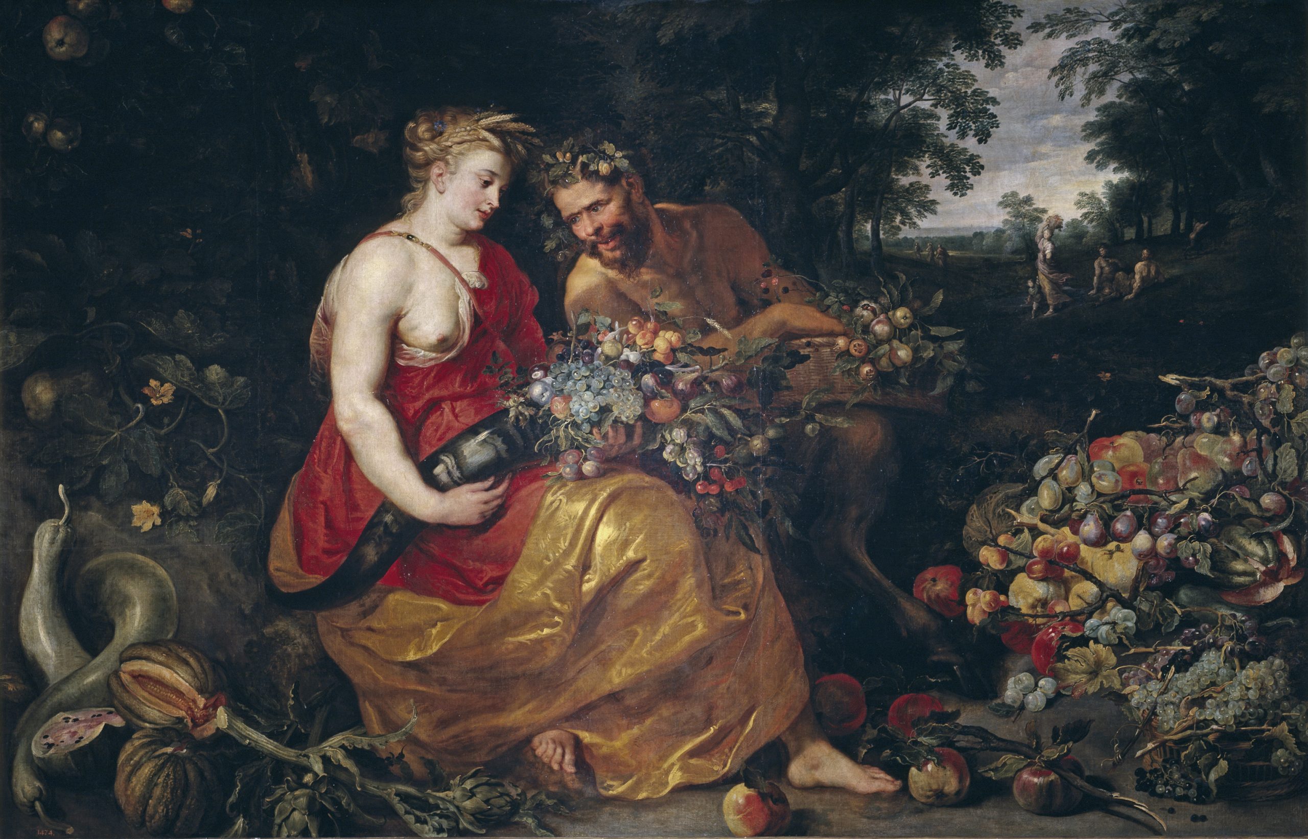 A woman sits holding a cornucopia of flowers while a man sits next to her, the couple sit in a forest surrounded by fruit.