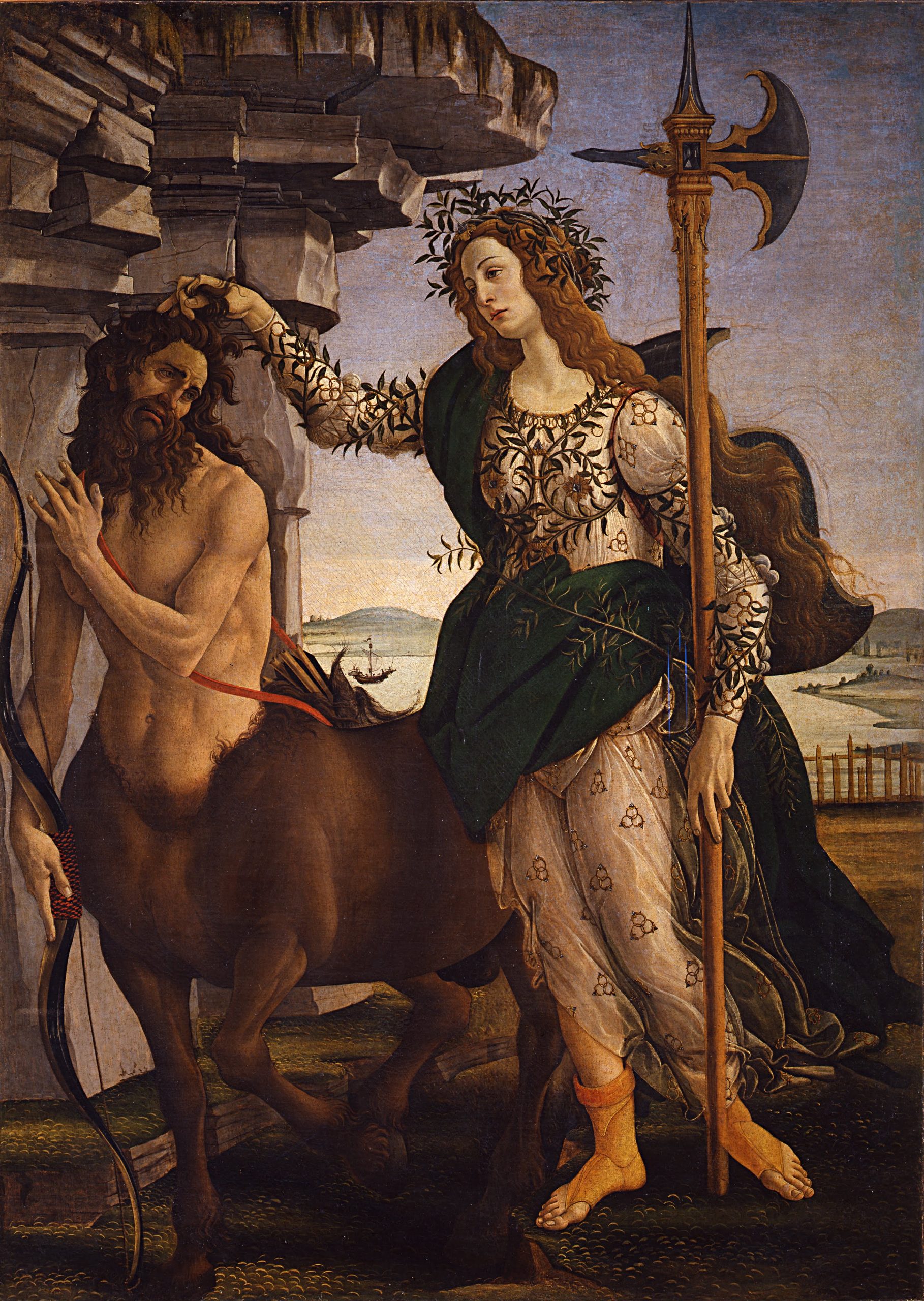 A woman stands by the side of a wall holding a sword while pulling the hair of a centaur who rests along the wall next to her.