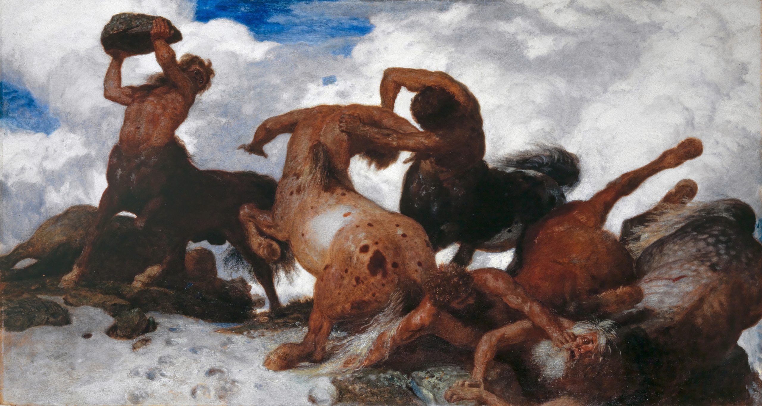 A group of centaurs fight in a battle on a pile of rocks in the clouds.