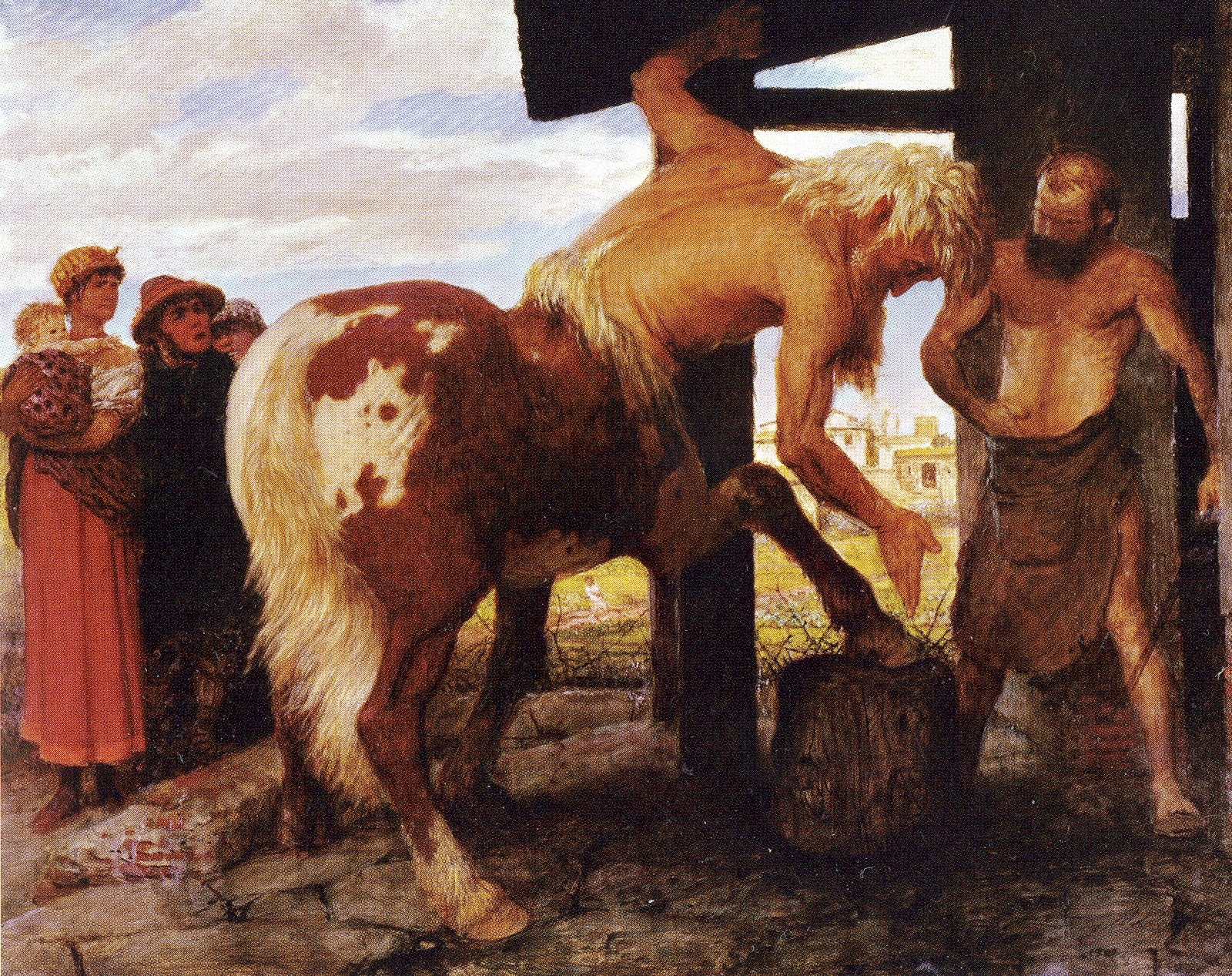 A centaur rests his leg on a wooden stool and is surrounded by a group of civilians.