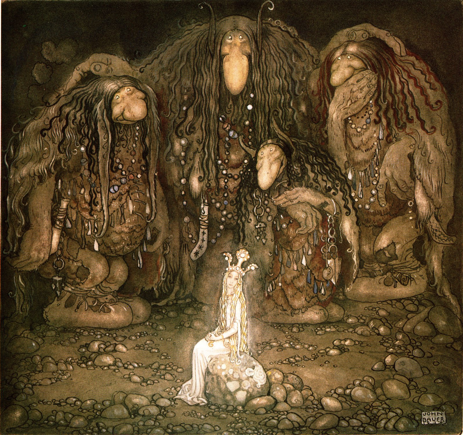 A group of large trolls surround a small glowing girl who sits on a rock.
