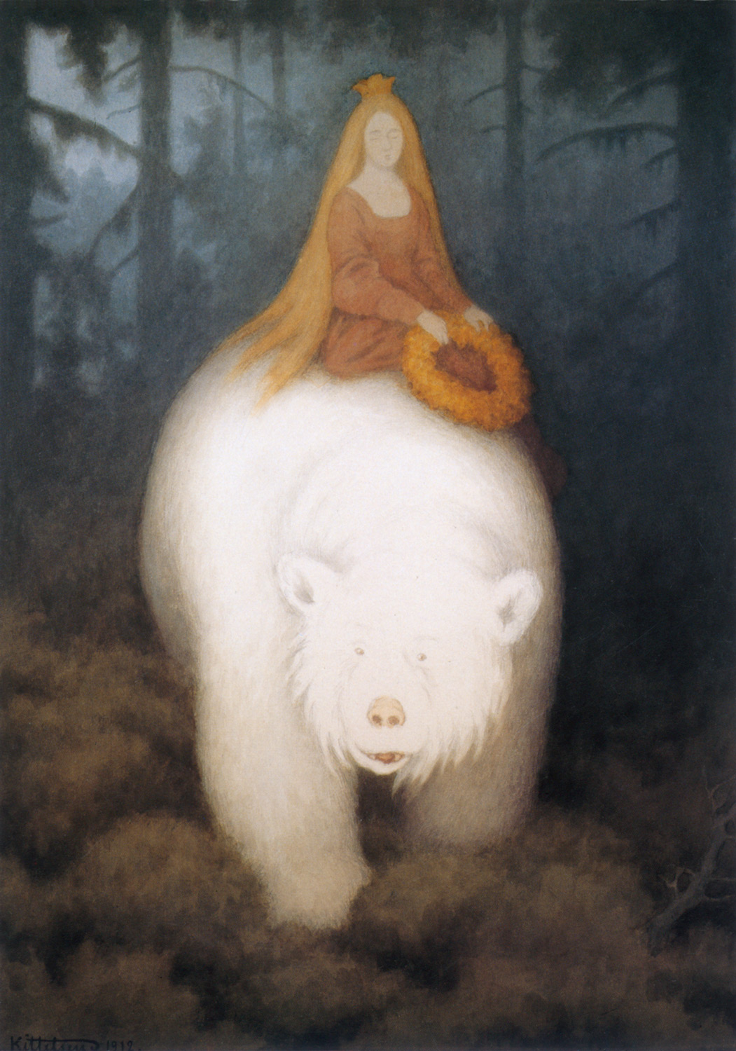 A white bear walks through the forest with a crowned woman sitting on its back.