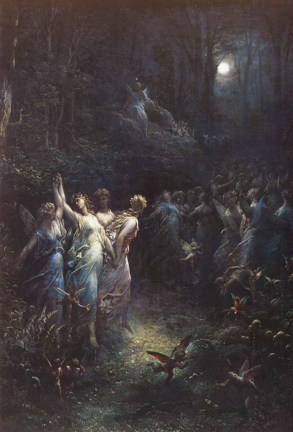 A large group of fairies dance in a moonlit forest.