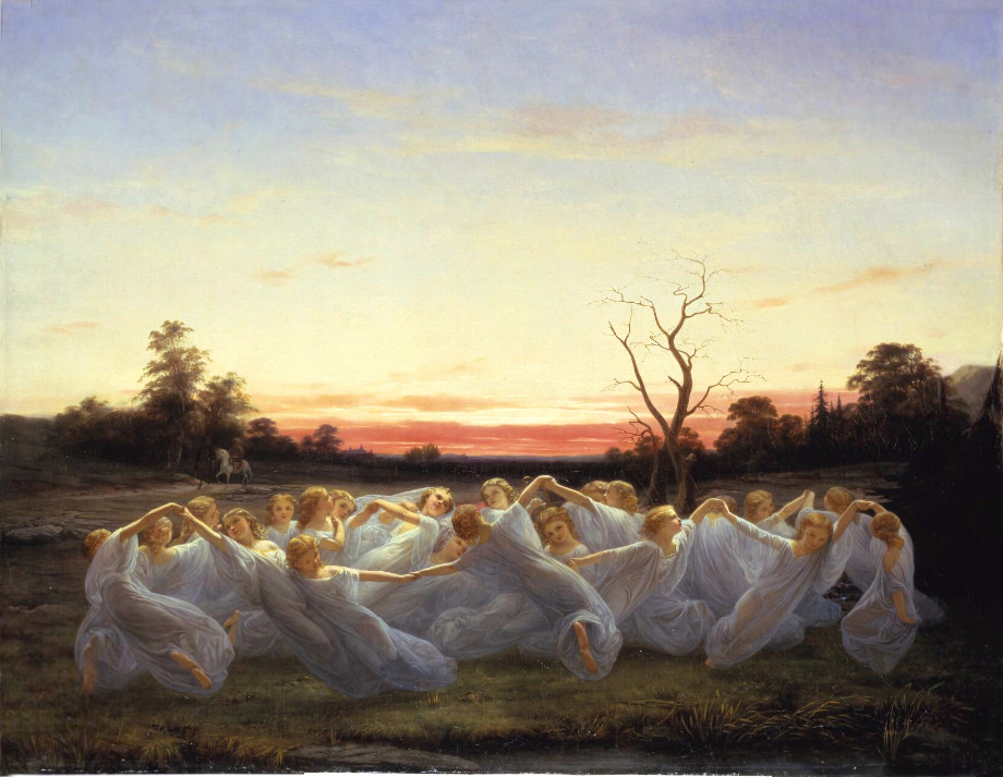A large group of elves hold each other's hands while dancing in a meadow.