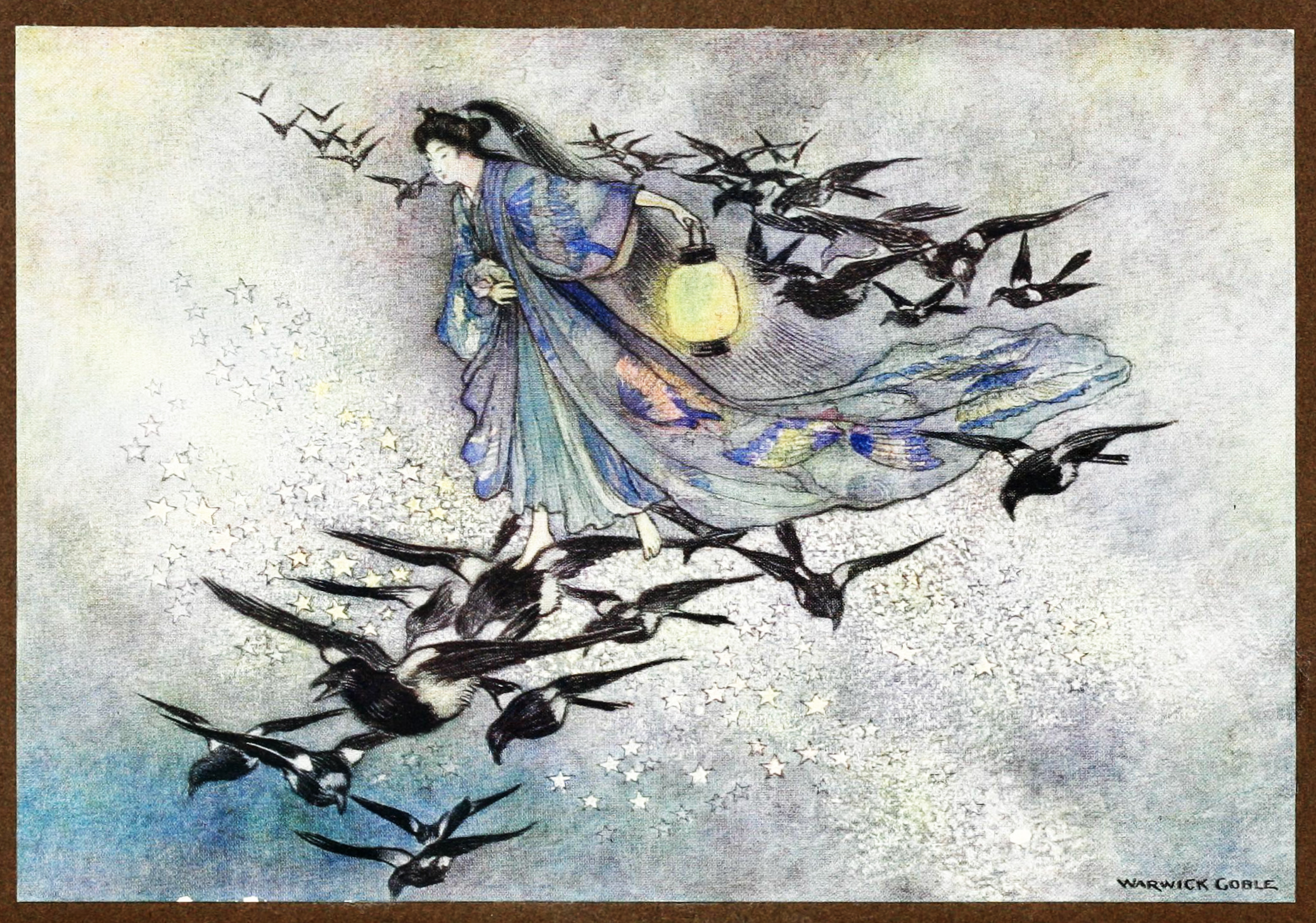 A woman carries a lantern while standing on a flock of birds who fly in a starry sky.