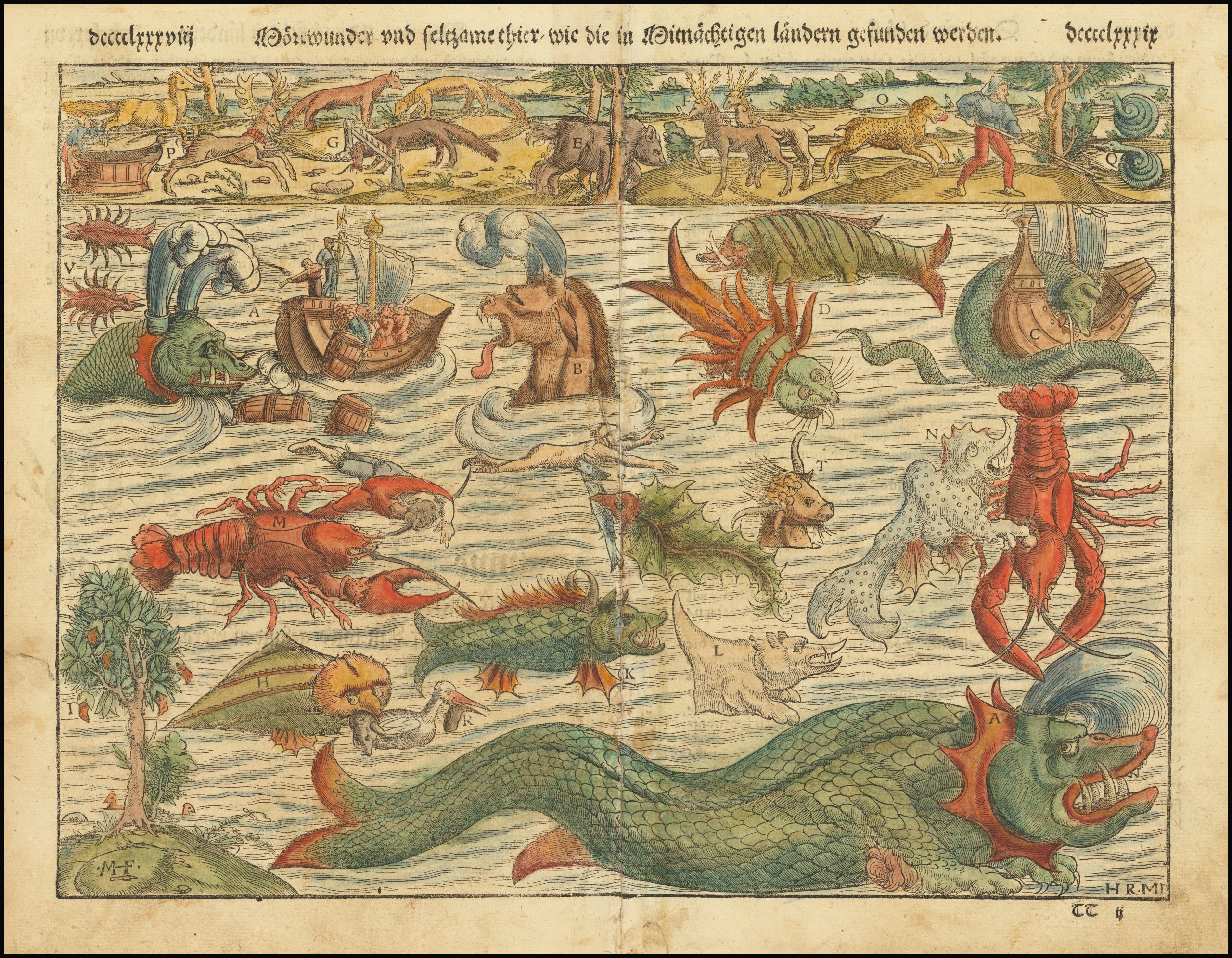 An image filled with several varieties of sea monsters in the water while land creatures stand in the distance.