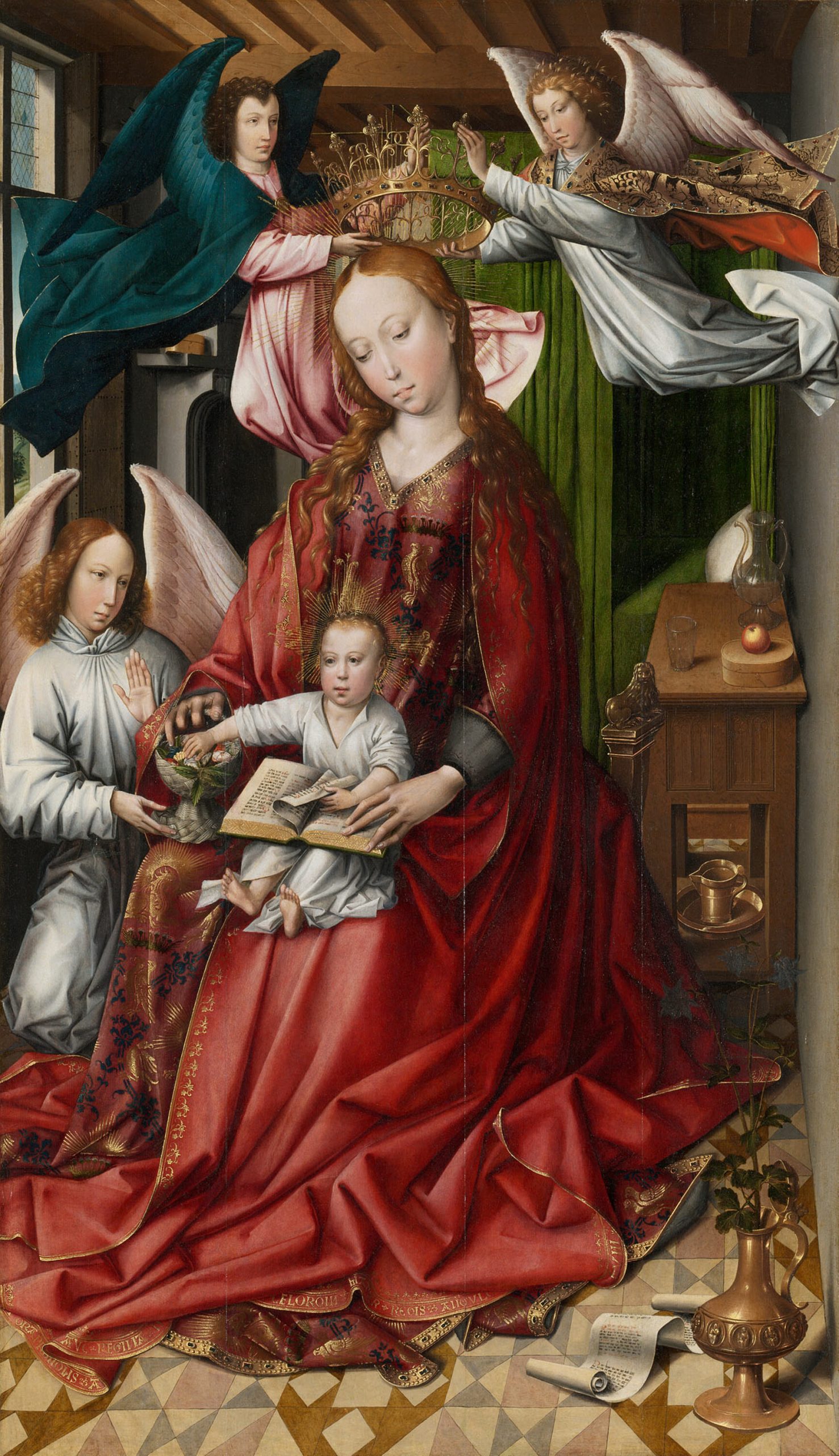A woman in a dress sits with a baby on her lap who holds a book while angels surround the woman and place a crown on her head.