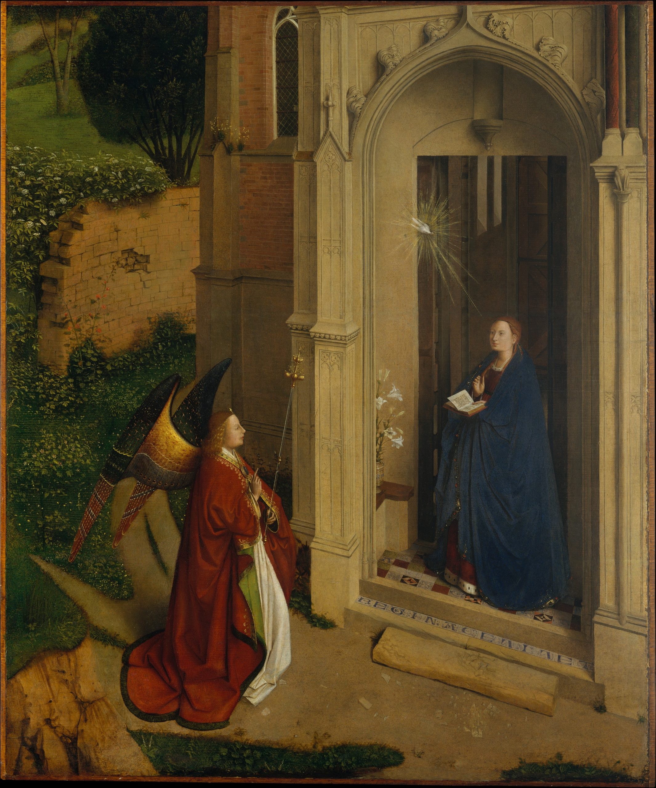 A woman stands in a doorway holding an open book while an angel greets her from a pathway leading to the door.