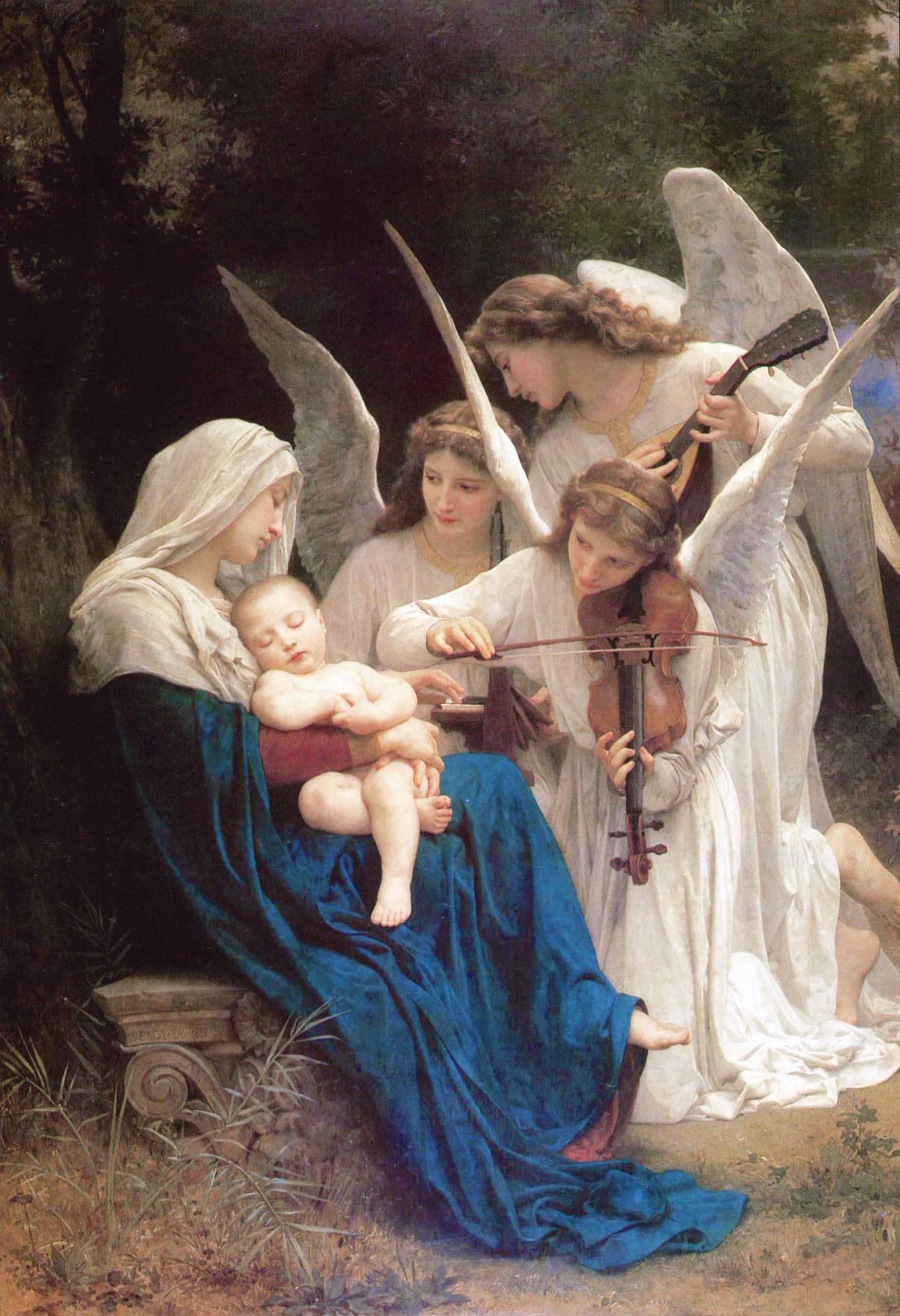 A sleeping woman holds a sleeping baby in her lap while three angels surround her and to play her music from stringed instruments.