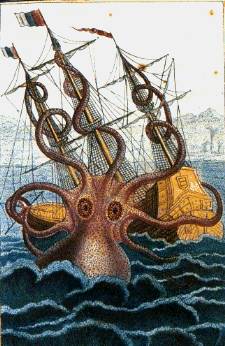 A giant octopus hangs upside down while holding a large ship in a body of water.
