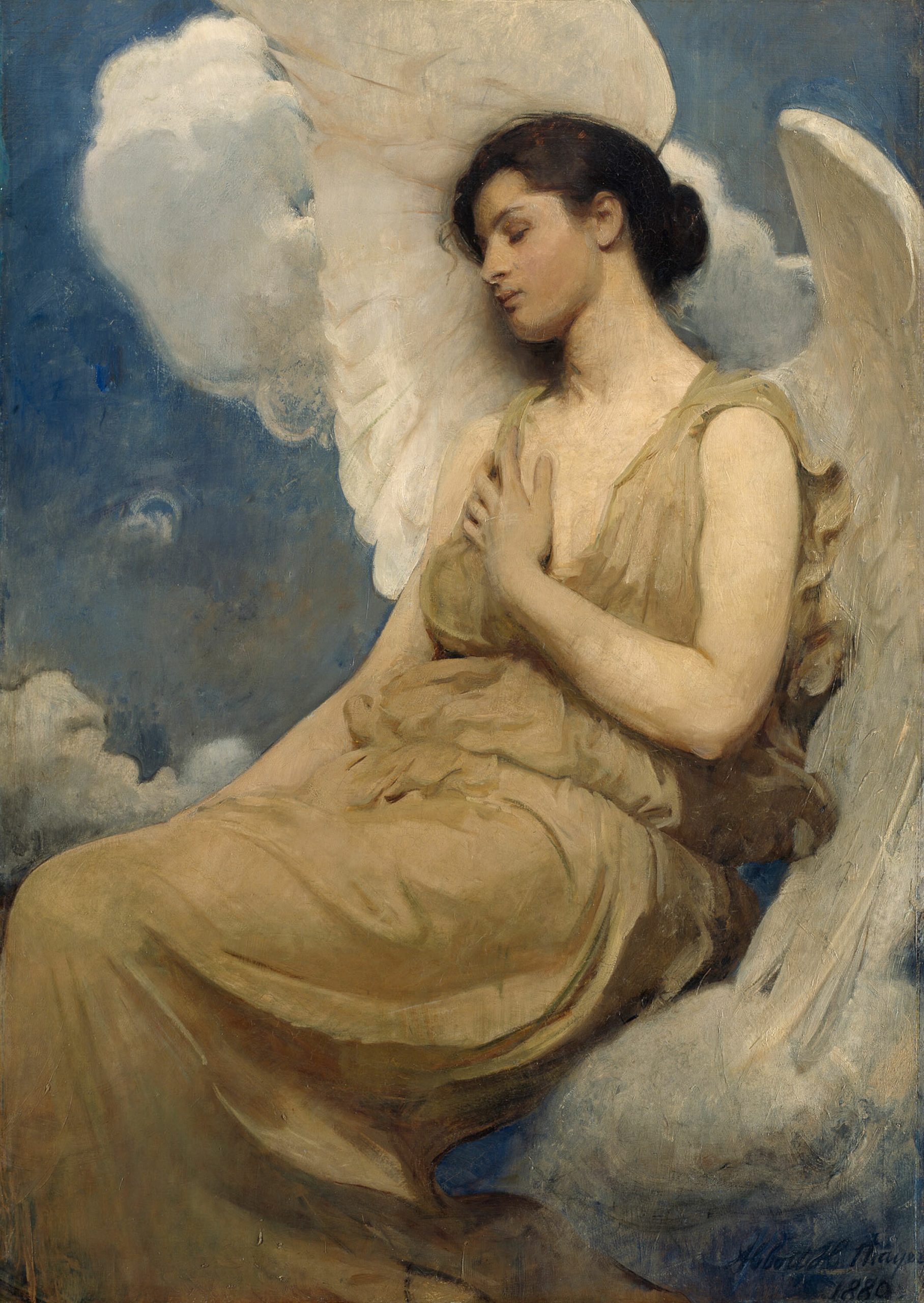 An angel rests in the clouds with her eyes closed left hand over her heart.