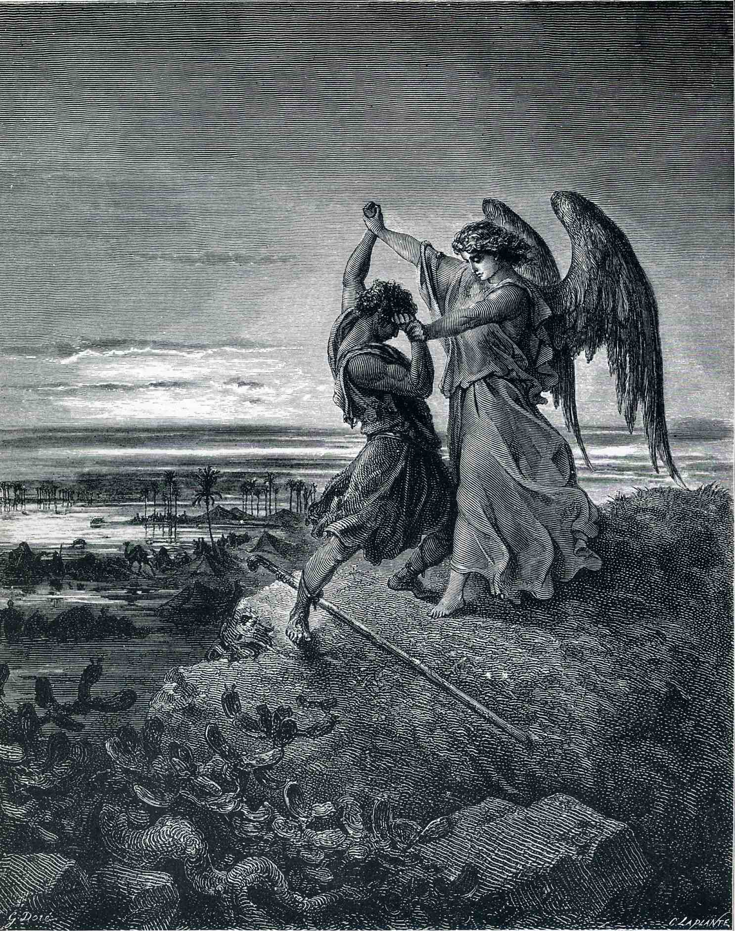 A man wrestles with an angel who holds power over him, leading him towards the edge of a cliff.