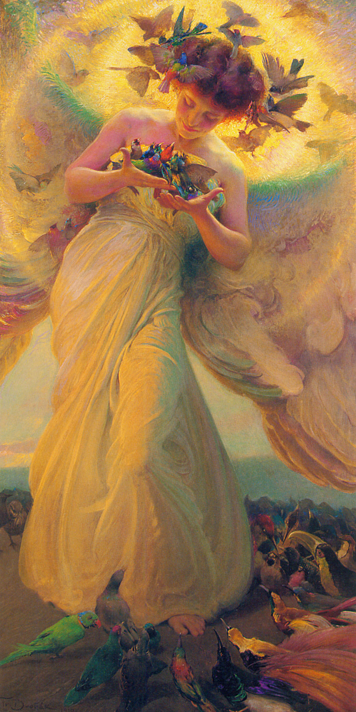 A glowing angel holds birds while birds surround her halo and feet.