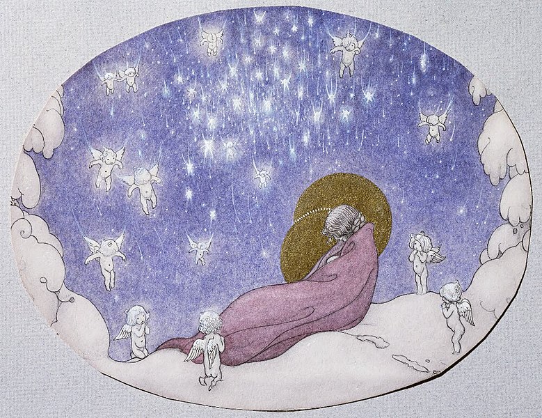 A woman rests on a cloud with cherubs surrounding her in the starry sky.