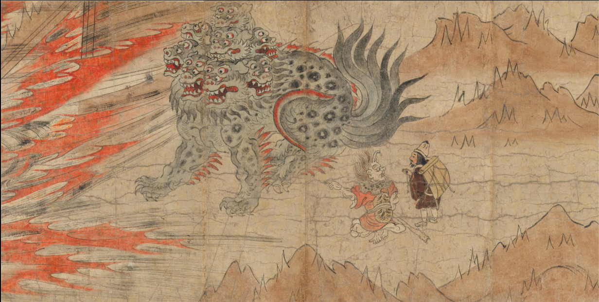 In a landscape of mountains, two travellers walk towards a dragon with multiple heads as a fire moves towards them from the left.