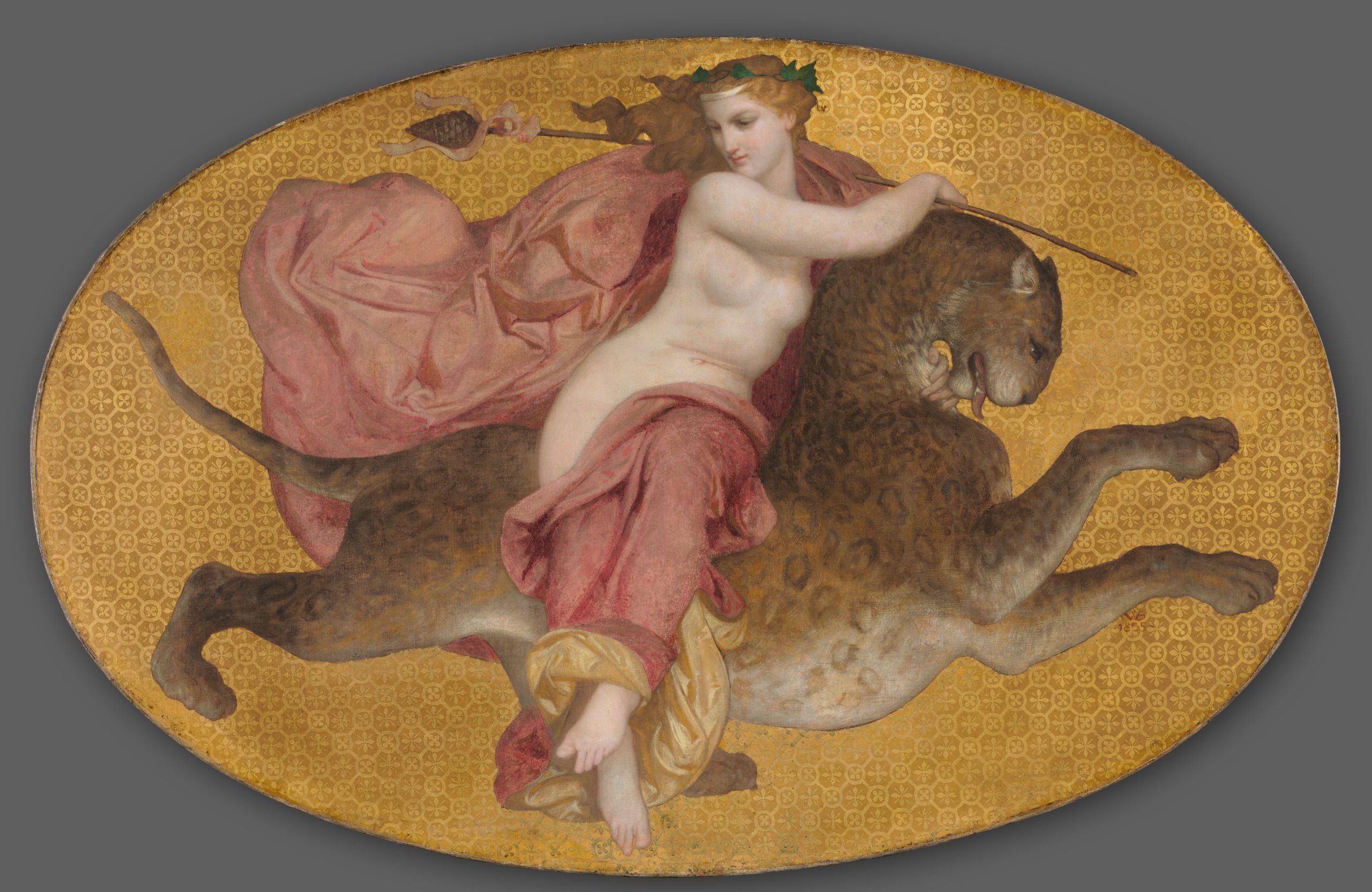 A bare chested woman sits on top of a panther against a gold background.