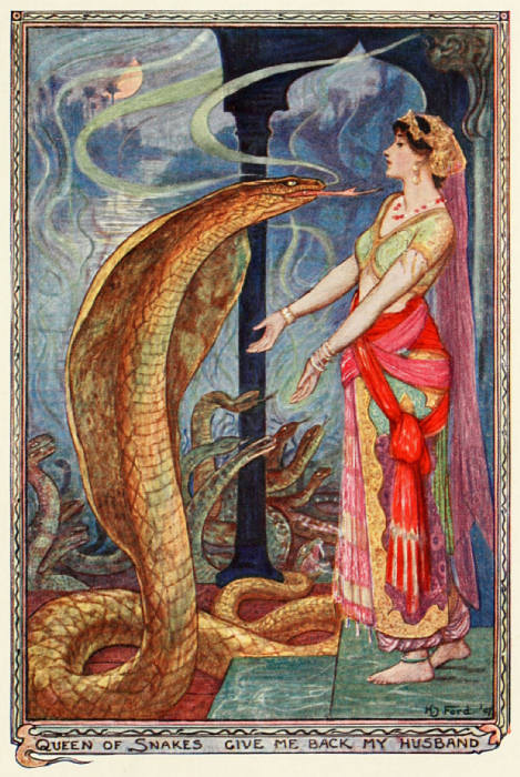 A woman stands tall with her arms open to a snake who stands and stares back at her.