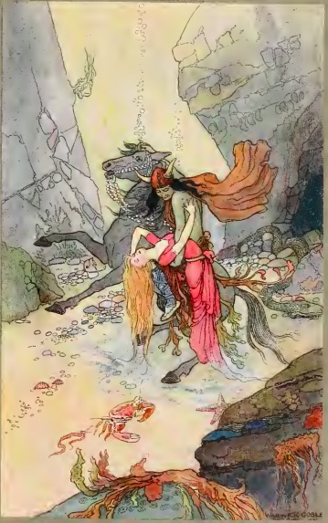 A creature riding a horse and wearing a helmet takes a woman from a rocky landscape.