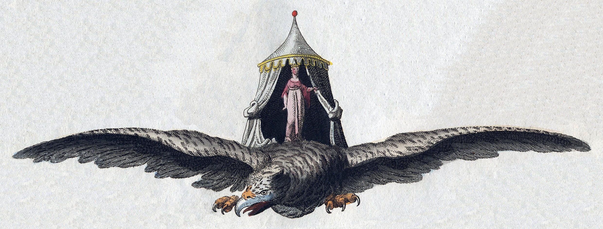 A figure stands inside a tent with open curtains which rests upon a large bird.