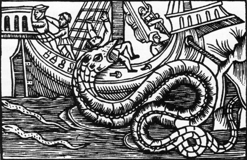 A large serpent from the sea attacks a ship, holding one of the ship's passengers in its mouth.