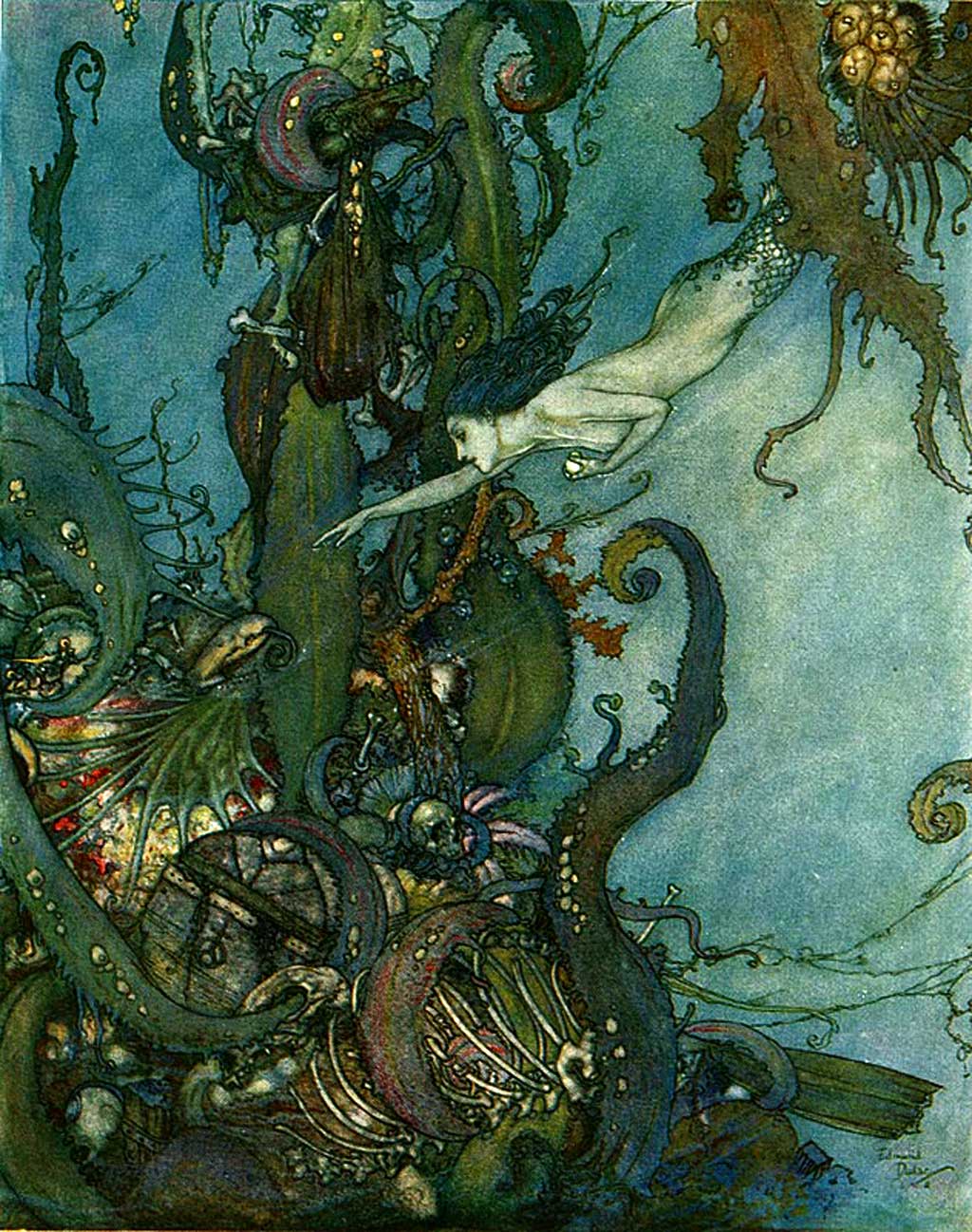 A mermaid swims down into deep water towards a collection of sea plants and treasures.