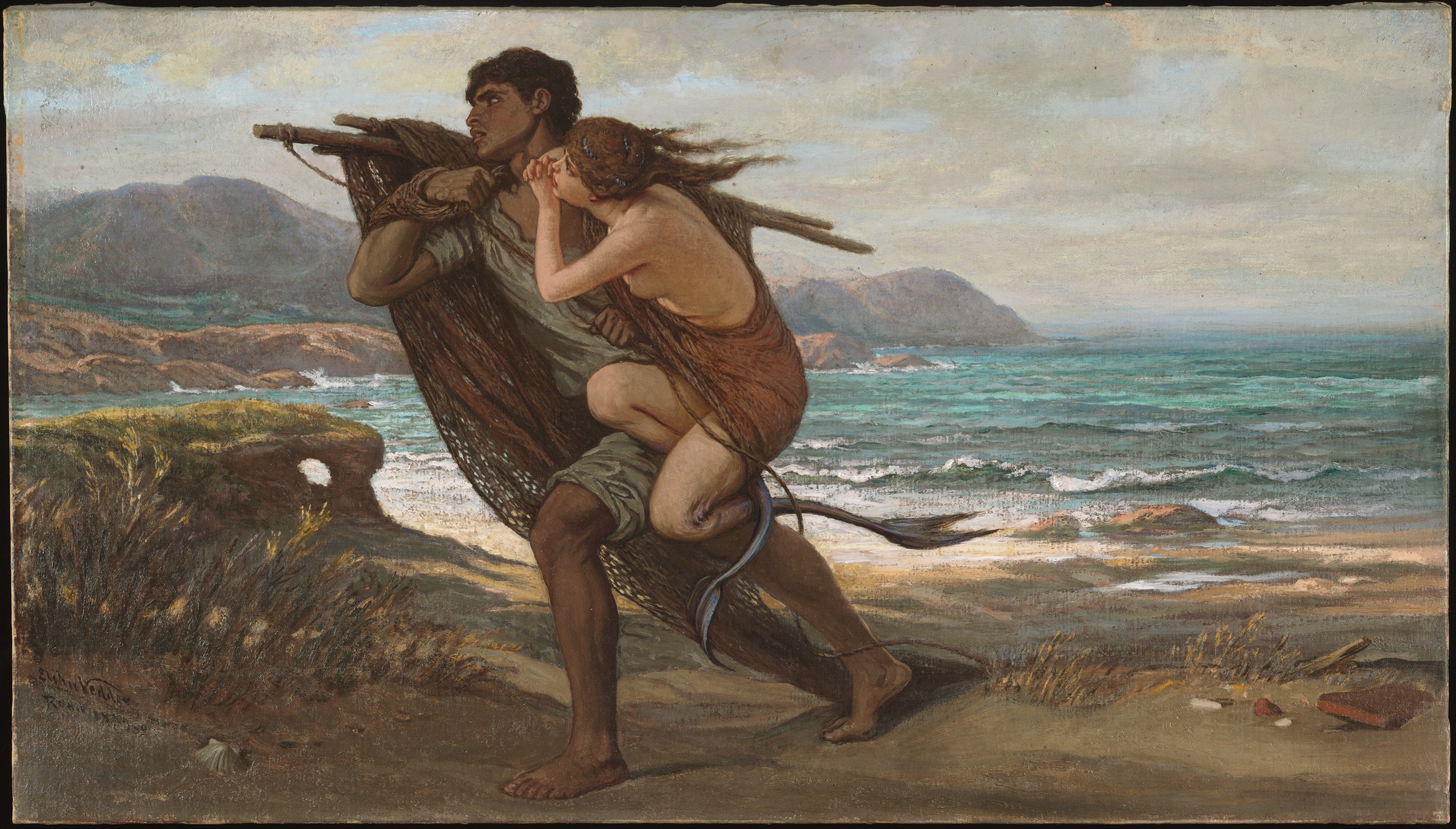 A fisherman carries a mermaid off the shore.