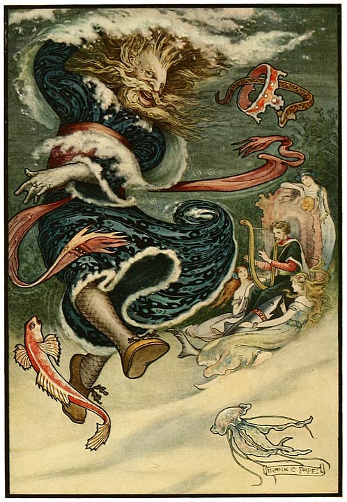 A mand dances at the bottom of a body of water with an octopus and fish around him while mermaids and a merman play an instrument behind him.