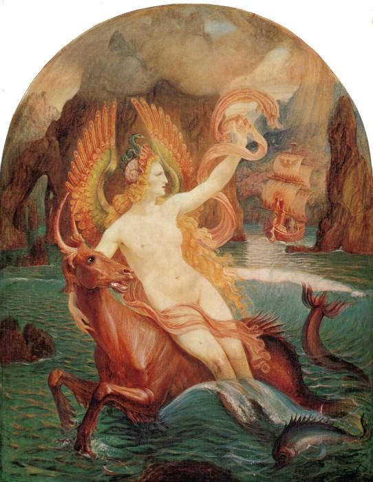 A nude woman with wings sits on a horse sea creature in the water.
