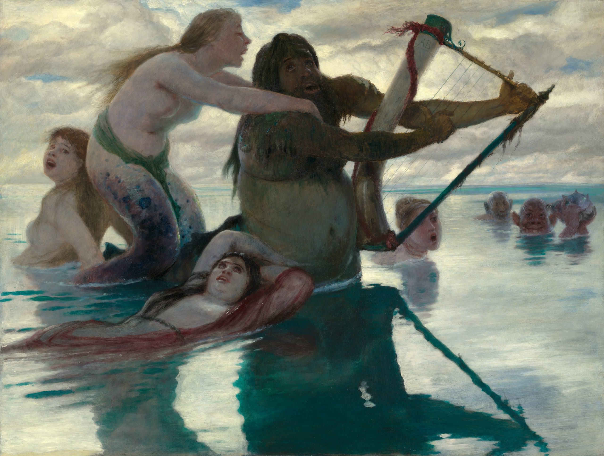 A group of mermaids play in the water, one of which holds an instrument.